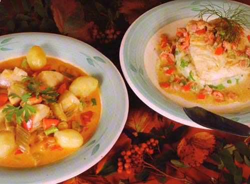 picture of finshed dishes - left: scallop and vegetable medley, right: halibut nicolson